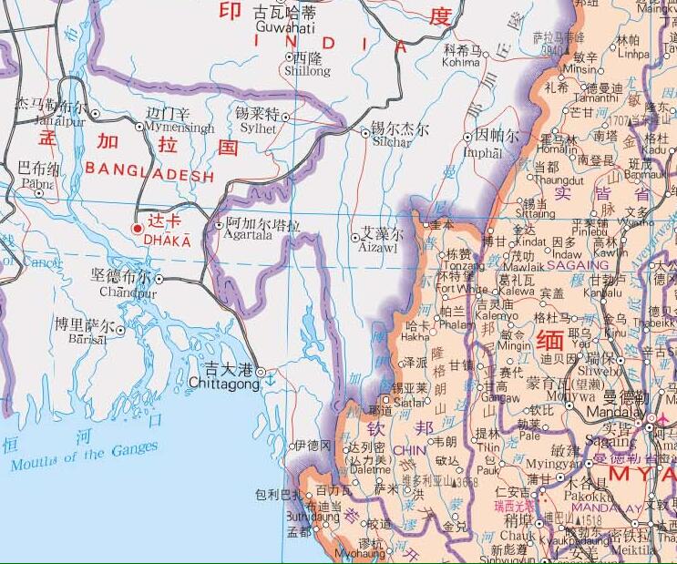 附上 缅甸 和孟加拉国接壤的地图,可以看到它们的交汇处也不多,只能
