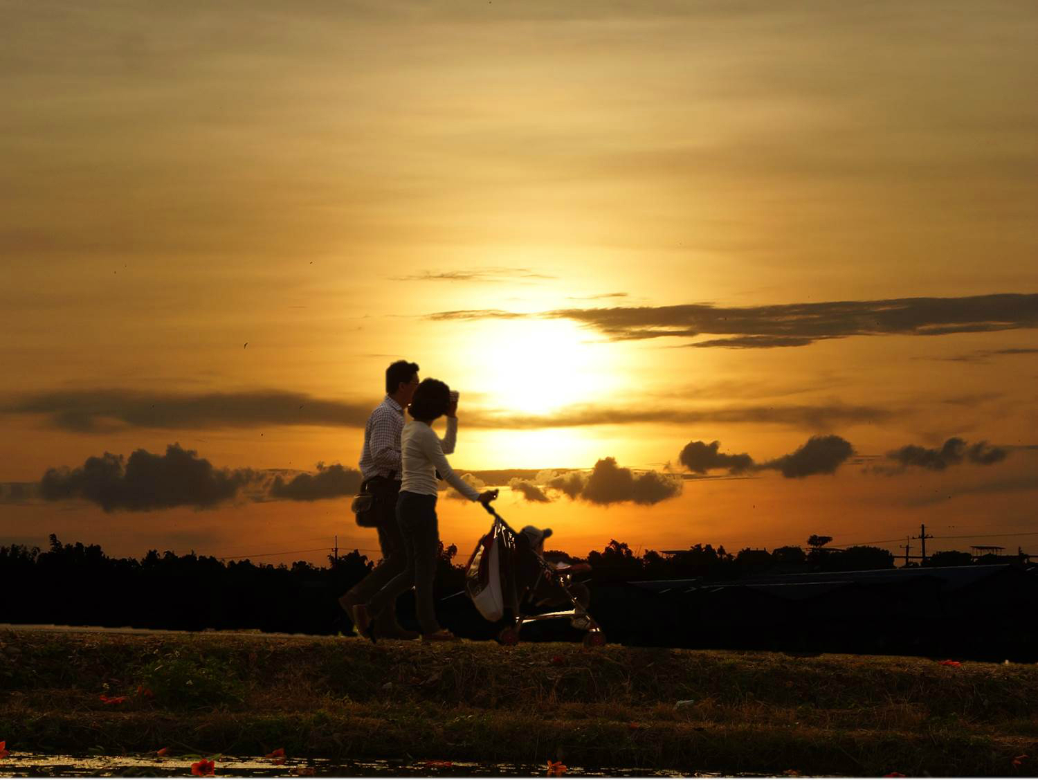 夫妻相亲相爱推着婴儿车,沉醉在夕阳的景色中,远方烁烂浮云飘逸着,伴